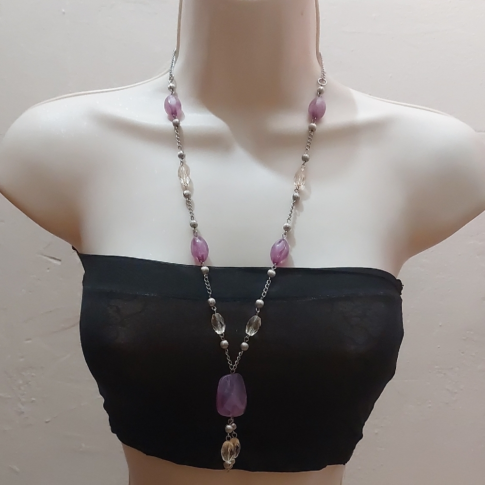Purple and Cream Acrylic Beads Silver Tone Y Drop Station Necklace